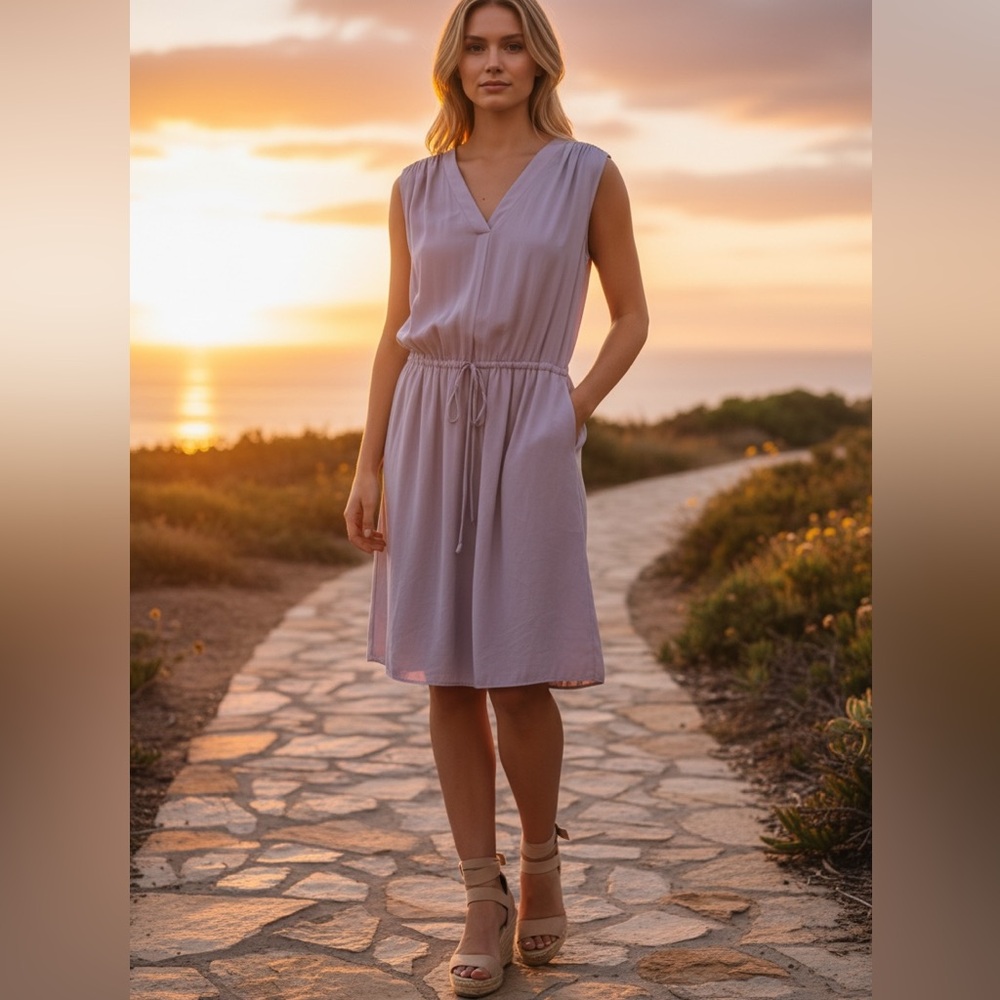 Vince Washed Satin Shirred Shoulder V-Neck Drawstring Waist Dress L Lavender - Picture 1 of 4